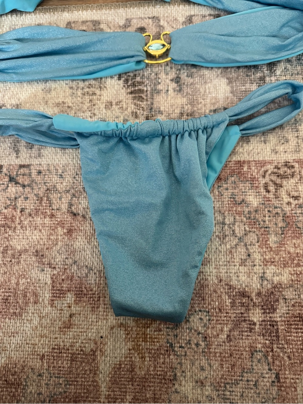 Seafoam Blue Bandeau Bikini Set with Gold Ring Accent - Picture 2 of 4